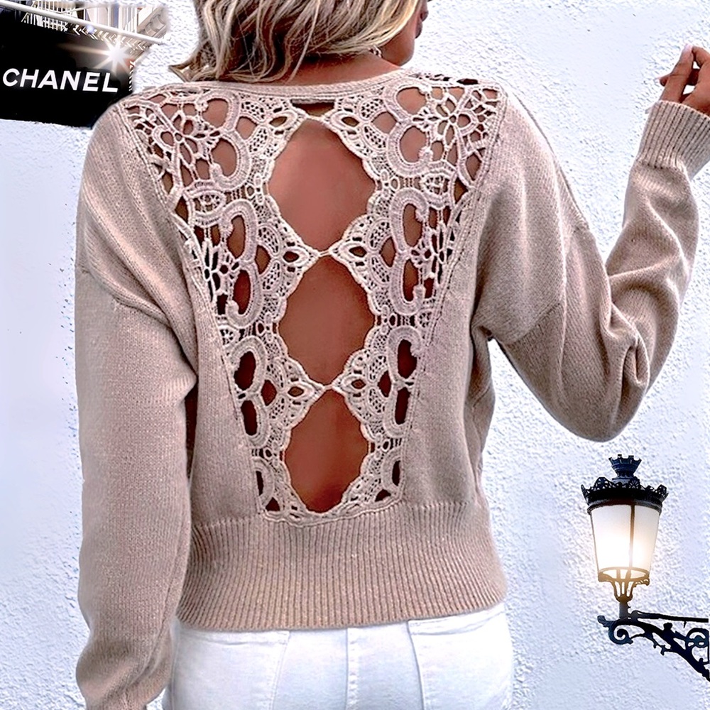 Lace V-Neck Casual Sweater - Picture 7 of 16